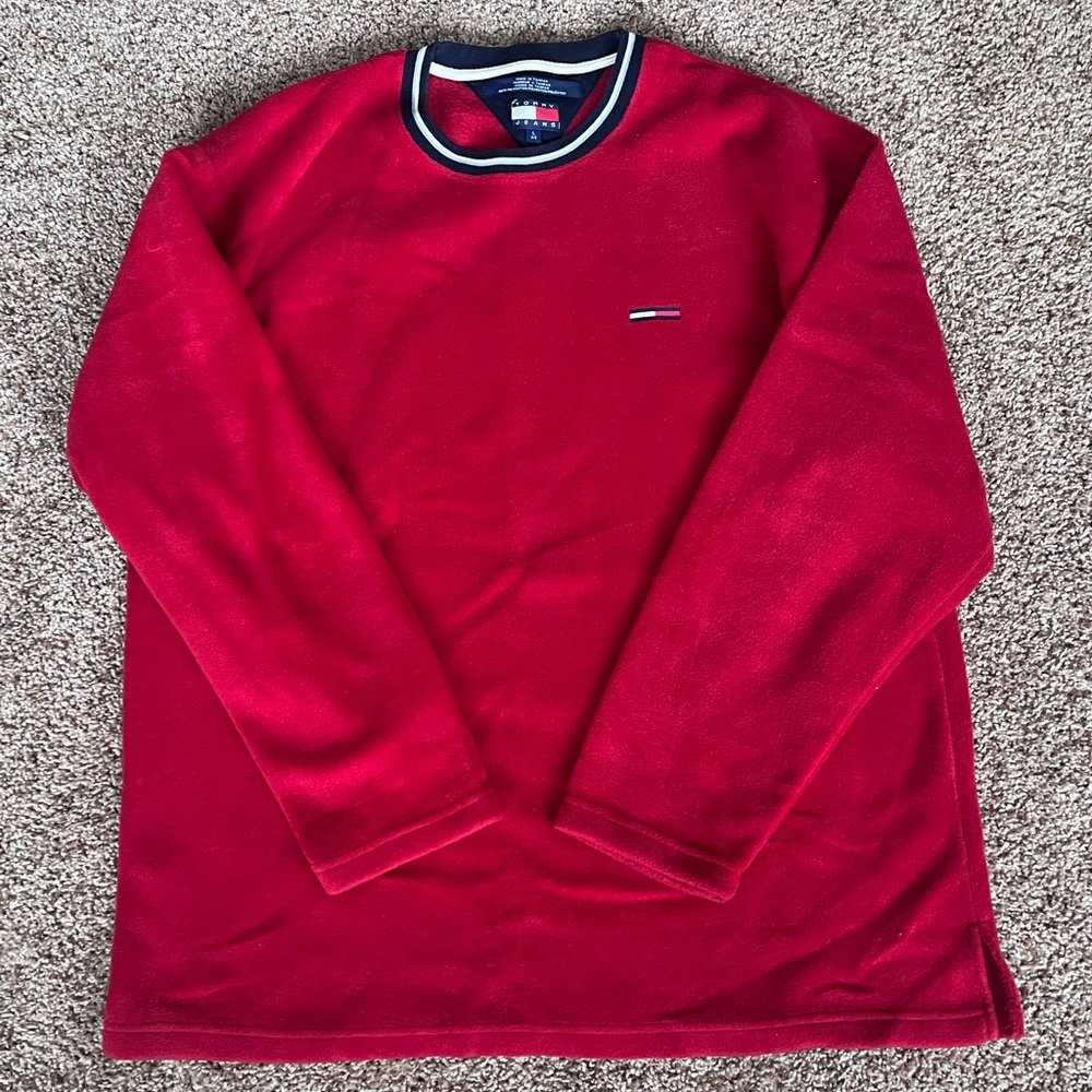 Vintage Y2K‎ Tommy Hilfiger Red Fleece Pullover Crewneck Sweatshirt